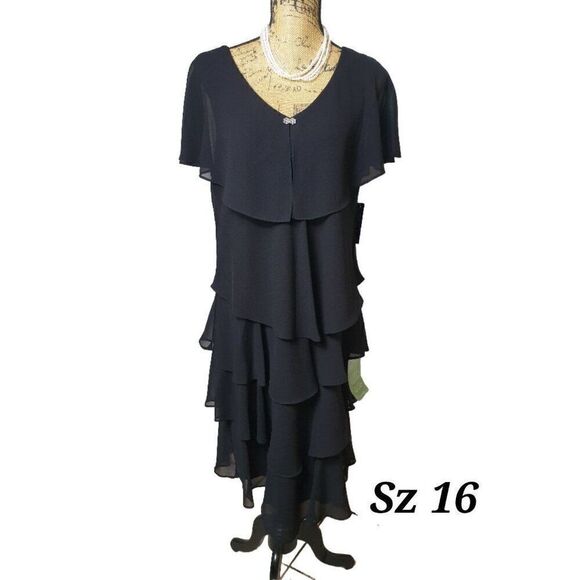 Women's Black Layered Chiffon Dress Jewel Detail Ruffle Stretch Size 16 NWT - Picture 1 of 9